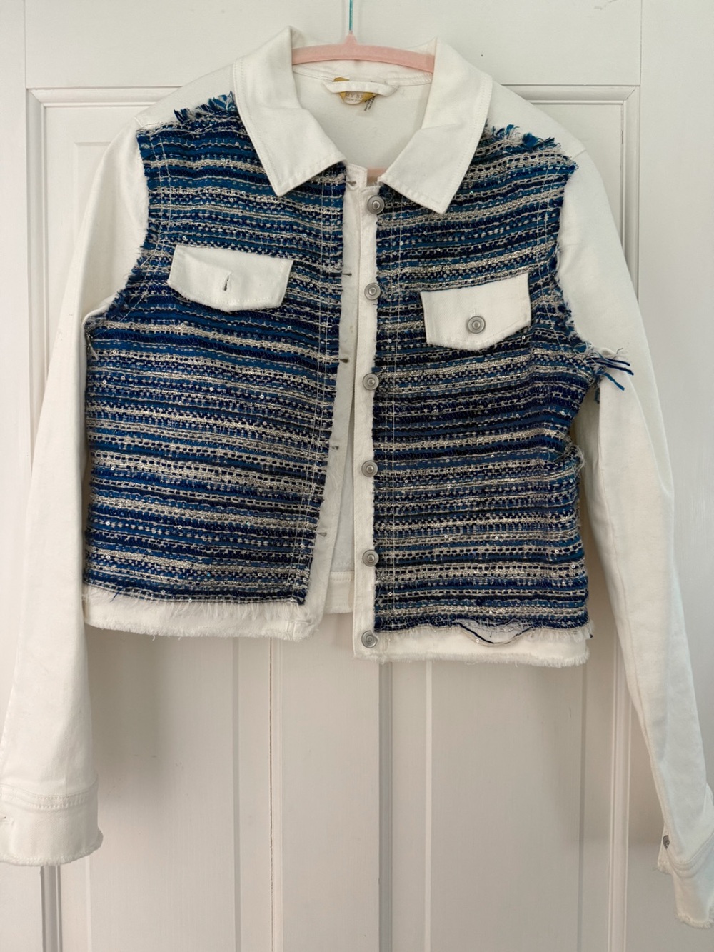 Ramy Brook White Sleeve Tweed-Front Jean Jacket in Navy & White